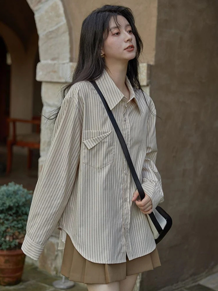 Zoki Women Sweet Elegant Striped Shirt Simple Vintage Loose Korean Blouse Harajuku All Match Long Sleeve Retro Female Tops 240823
