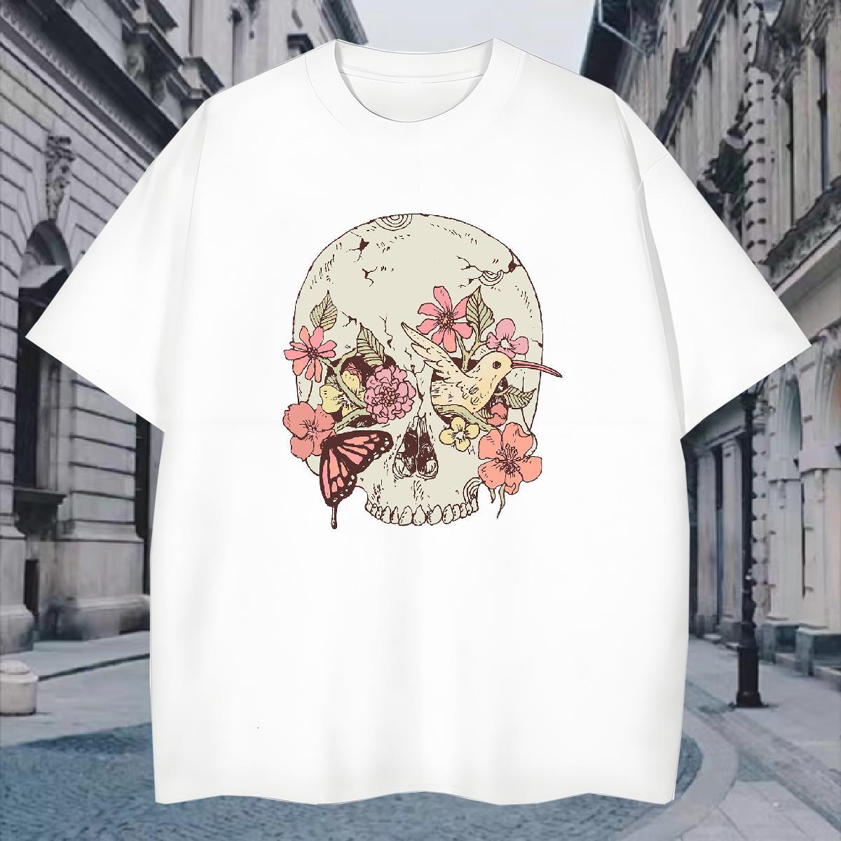 Cool Design T-Shirts for Men 230g 100% Cotton skull Hip Hop Cartoon Print Crew Neck Tshirts Fashion New Tee Shirt