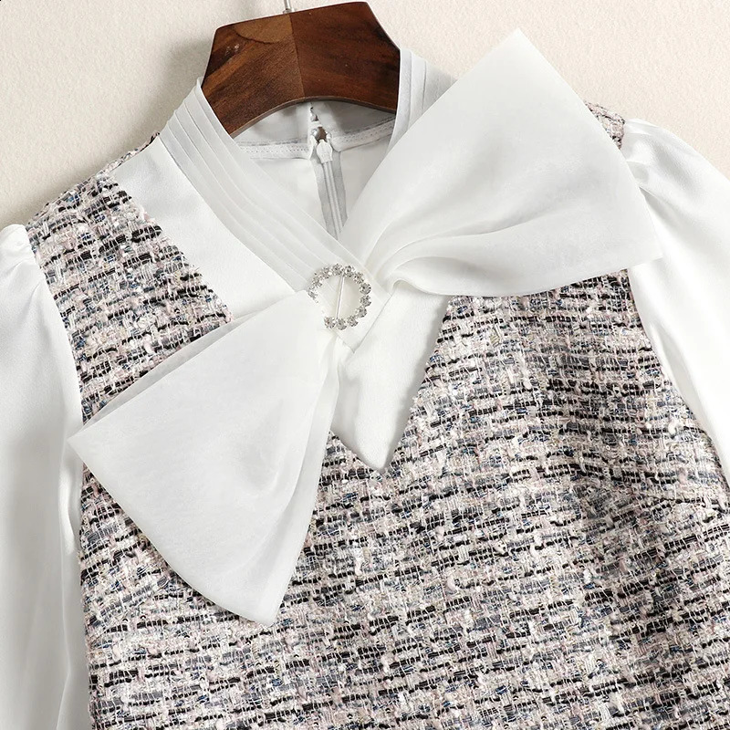 Autumn and winter womens fashion dress bow collar long sleeve splicing tweed dress 240824