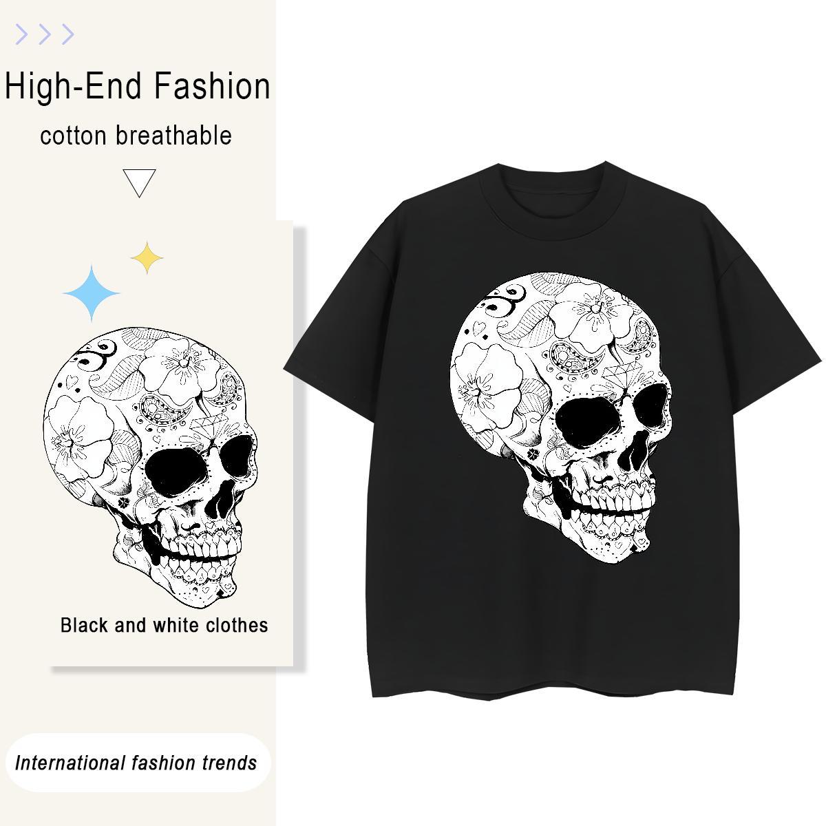 Popular Men T Shirts 230g Pure Cotton skull Sports Casual Custom Cartoon O Neck Short Sleeves Tshirt for Man Woman New Designer Tops Tees