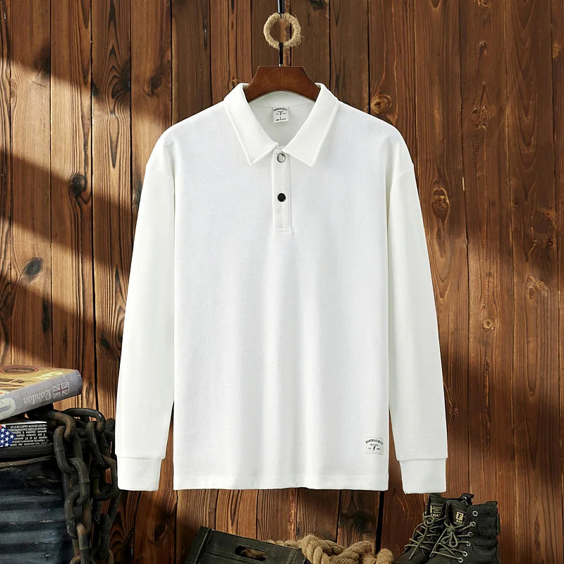 6308 Autumn American Retro Long Sleeve Henry Collar Solid Color Polo Shirt Mens Simple Pure Cotton Washed Loose Casual Tops 240824