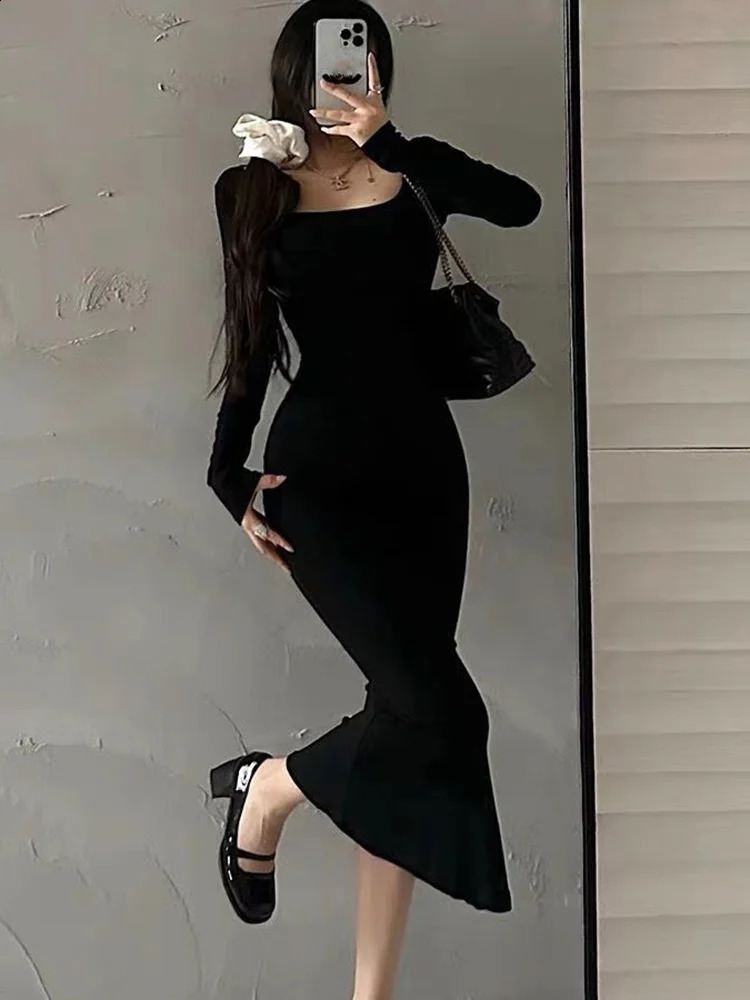 Ribbed Solid Long Sleeve Square Neck Skinny Mid Length Dress Black Fall Sexy Evening Party Elegant Vestido Ladies Long Dresses 240823