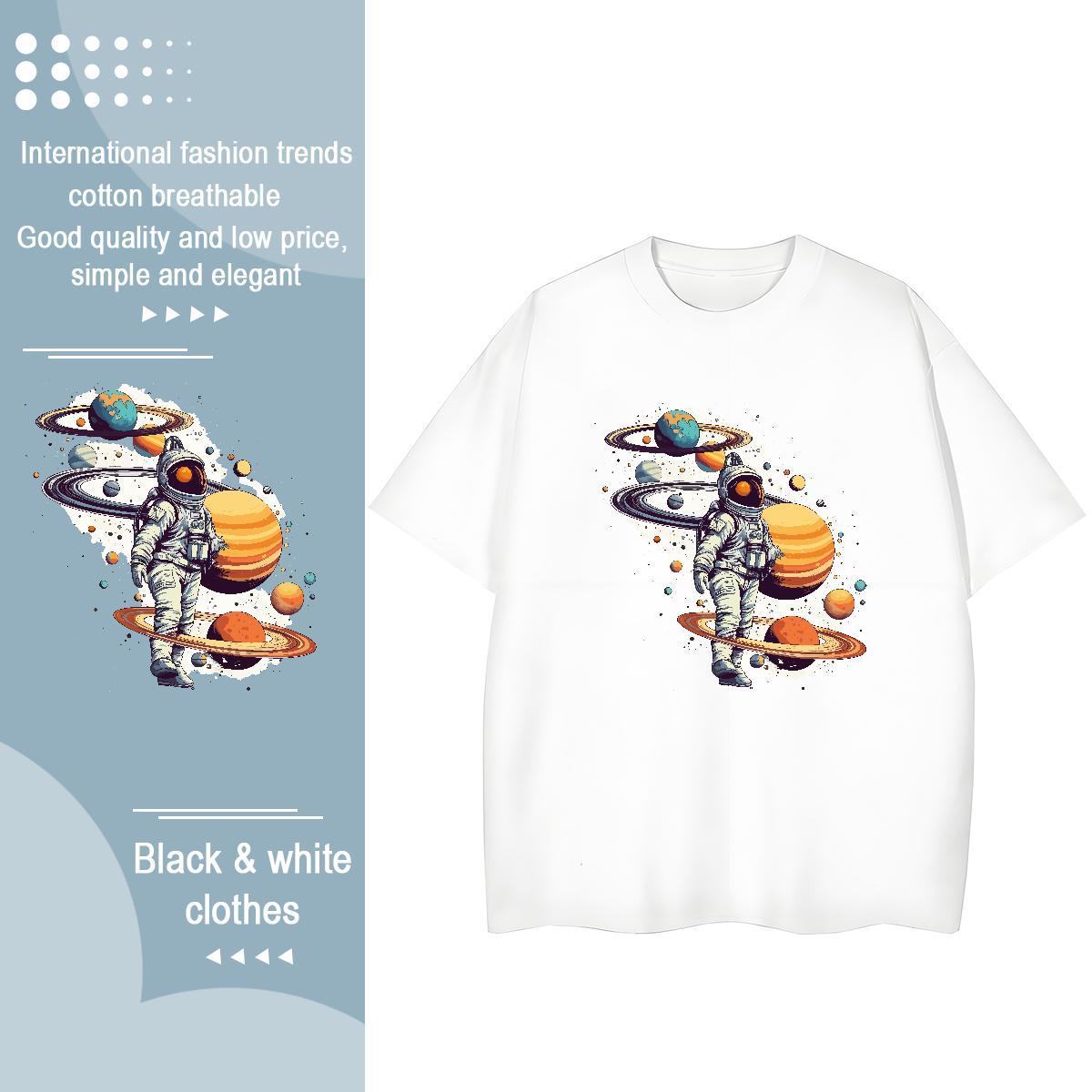 Nice Women Tees 230g Cotton cosmonaut Sports Casual Women T Shirts Breathable Crew Neck White Plus Size Wear