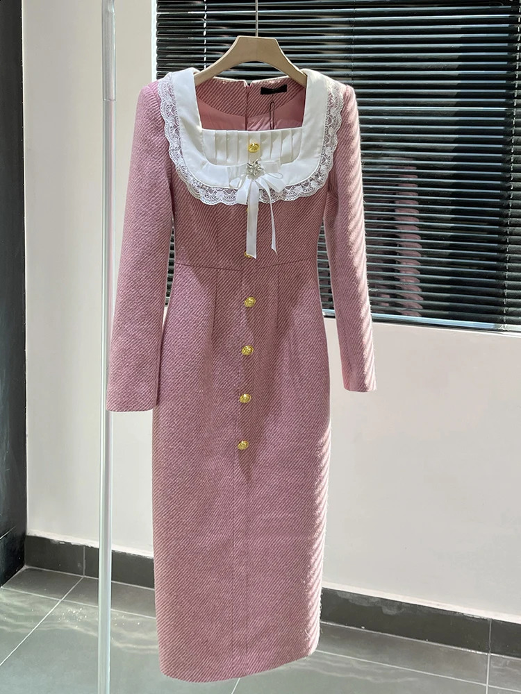 IEQJ Color Block Tweed Womens Dresses Square Collar High Waist Long Sleeve Elegant Dress Female Autumn 36A3181 240824