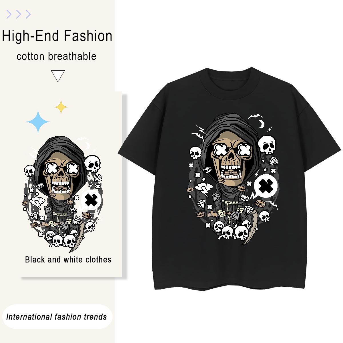 Soft T-Shirts for Men 230g 100% Cotton skull Home Outdoor Oversized 4XL Breathable Short Sleeve Men Clothes T-Shirt Fashion Casual Tops