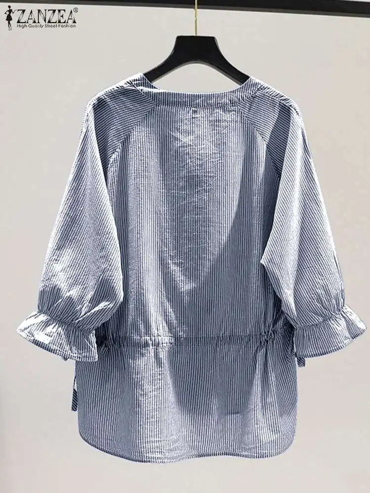 ZANZEA Women Striped Shirt Korean 3/4 Sleeve Blouse Fashion V Neck Buttons Shirt Drawstring Asymmetrical Tunic Casual Loose Tops 240823