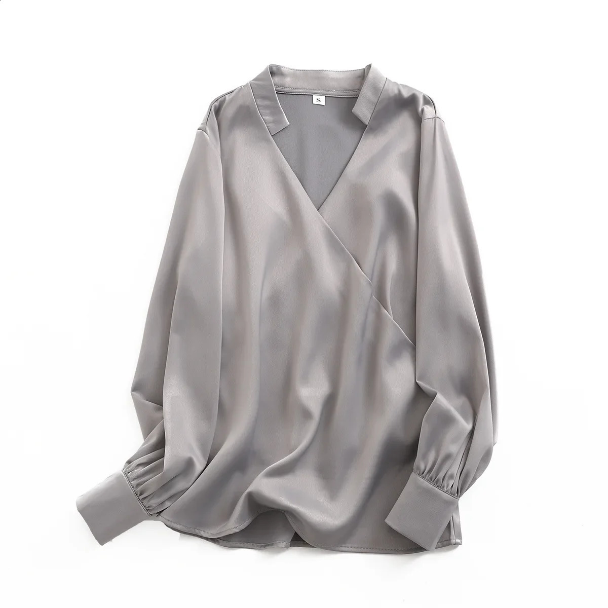 Womens white top satin shirt French highend Vneck bubble sleeve streetwear y ner clothing 240823