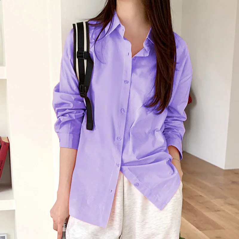 Fashion Spring Autumn Simple And Casual Loose Versatile Pure Color Lapel Shirt WomenS 100% Cotton Long Sleeve Underlay 240823