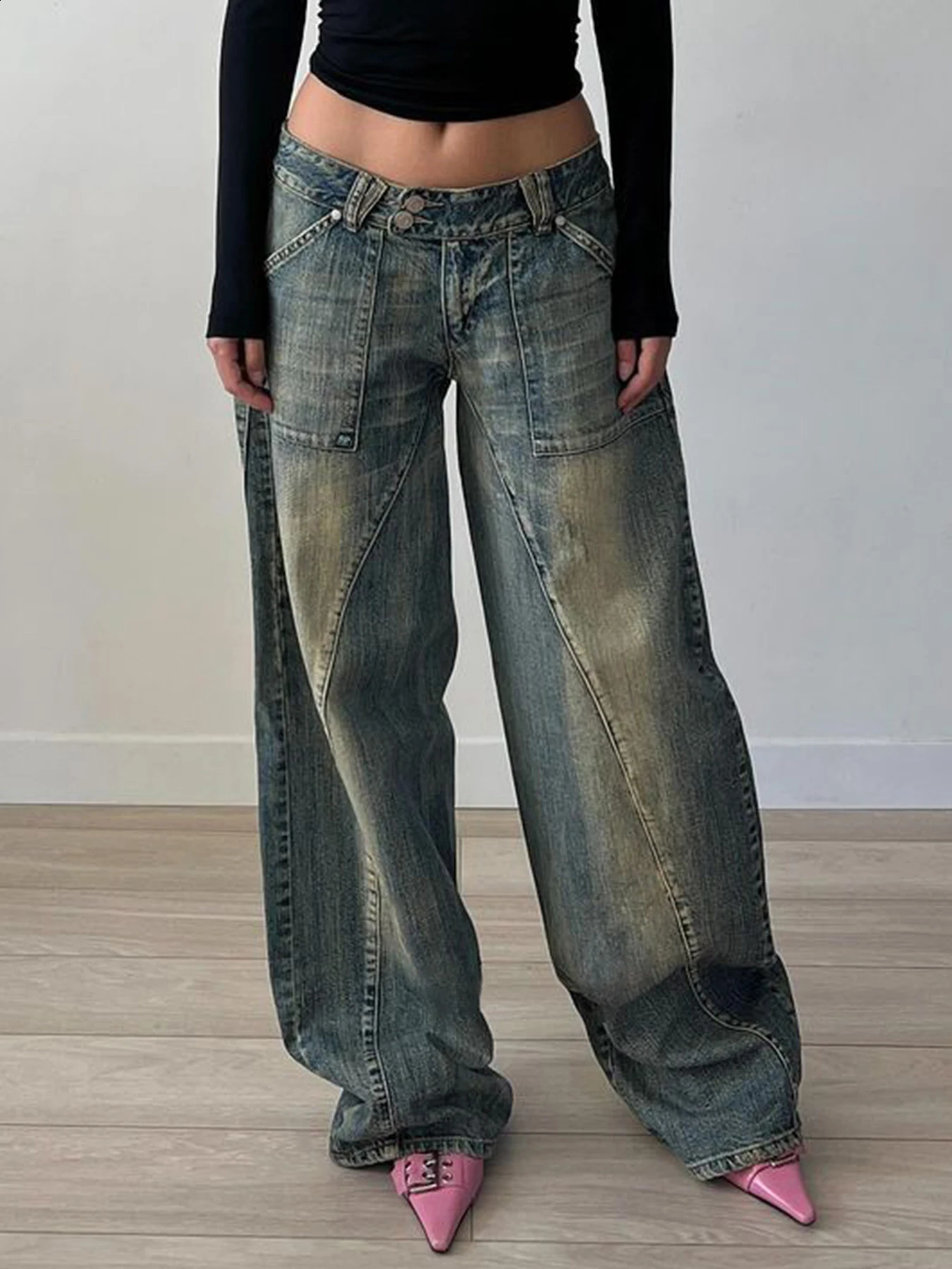 Weekeep retro street style oversized jeans Grunge 2000s low rise loose denim pants y2k fashion Korean mom women 240823