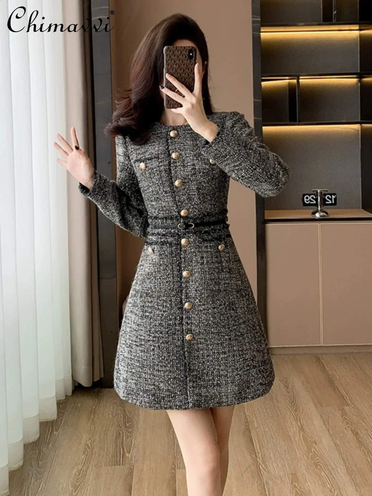 Gray Long-sleeved Dress Womens Spring and Autumn High-end Fashion Office Lady Elegant High Waist Slim-fit Short Tweed Dress 240824