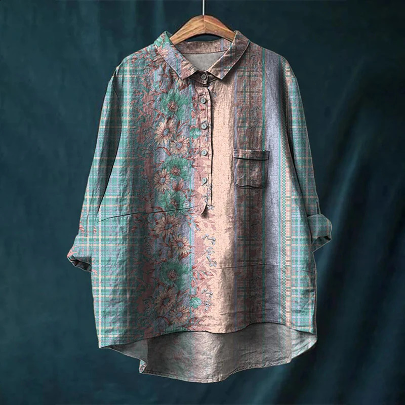 Summer Womens Casual Shirt Retro Floral Art Long Sleeve Pocket Hawaiian Style Printed Vneck Top 240823