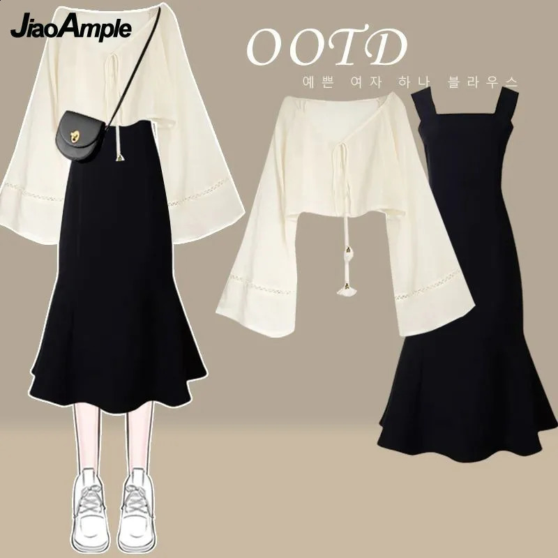 Summer Korean Elegant Chiffon Sunscreen Shirt Strap Skirt Two Piece Suit Womens Fashion CardiganDress Matching Set 240823