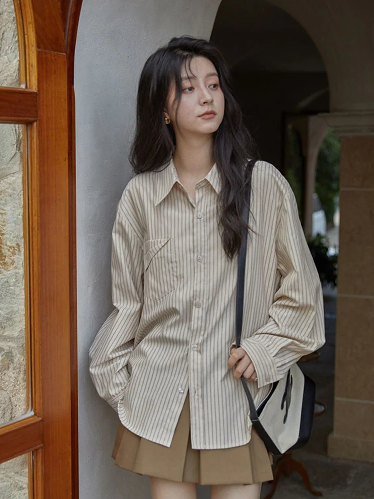 Zoki Women Sweet Elegant Striped Shirt Simple Vintage Loose Korean Blouse Harajuku All Match Long Sleeve Retro Female Tops 240823