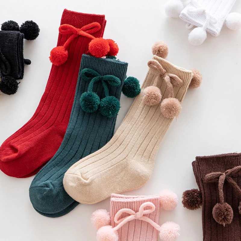 0-5Years Autumn Winter Girls Knee High Socks Cherry Ball Christmas Socks For Girl Infant Baby Cotton Sock Long Children Socks CL240824