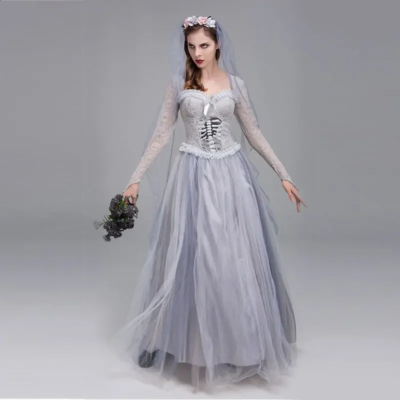 Duo Lady Corpse Bride Costume Classic Long Horror Mexican Zombie Role Playing Carnival Halloween Fancy Party Dress 240823