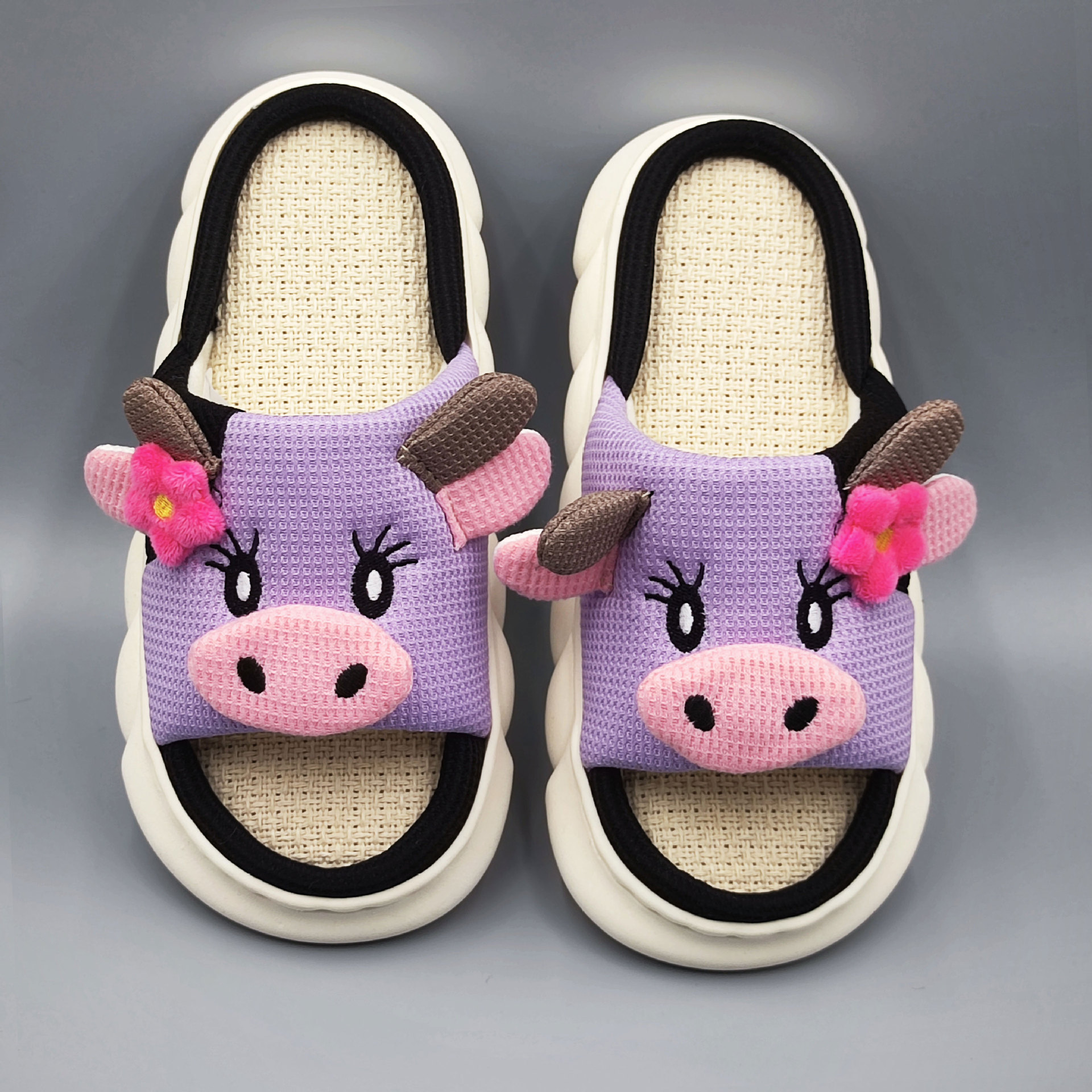 Fashion designer cartoon cute cow linen slippers soft comfortable soles indoor home use waterproof platform non-slip thick-soled sandals outdoor Summe