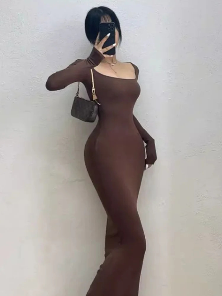 Ribbed Solid Long Sleeve Square Neck Skinny Mid Length Dress Black Fall Sexy Evening Party Elegant Vestido Ladies Long Dresses 240823