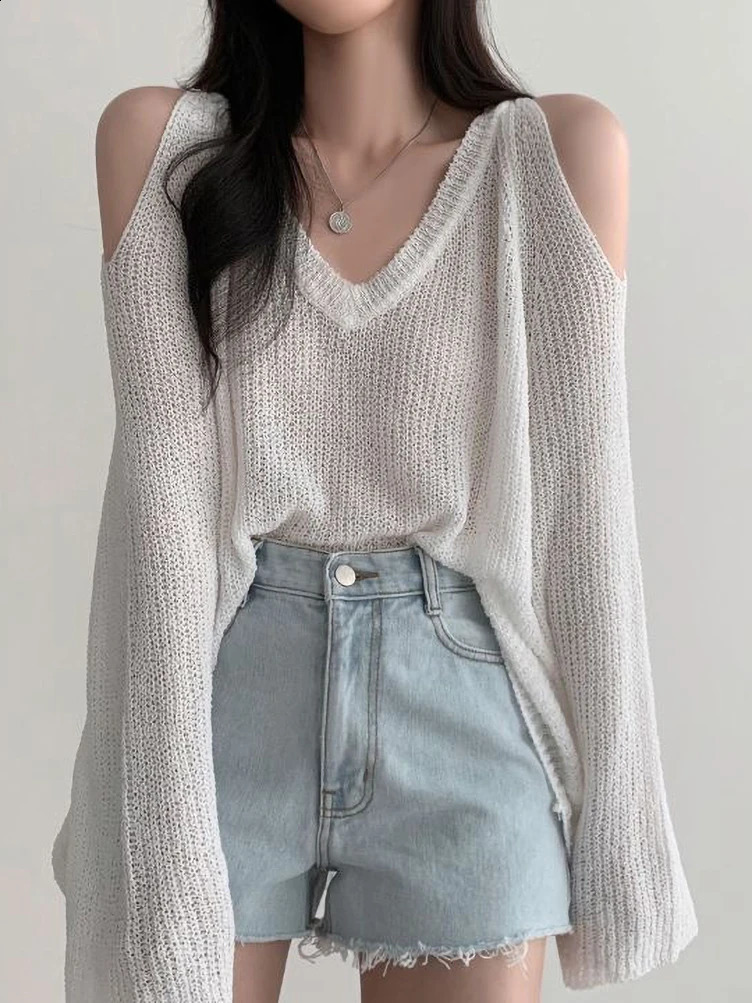 Korean Dongdaemun Off Shoulder Long Sleeve Sweater V-Neck Oversize Pullover Elegant Youth Sexy Knitwear 240824