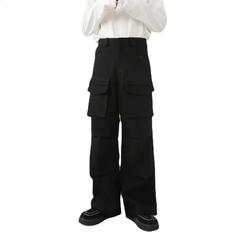 Retro cargo pants mens solid color large pocket straight wide leg casual 240823