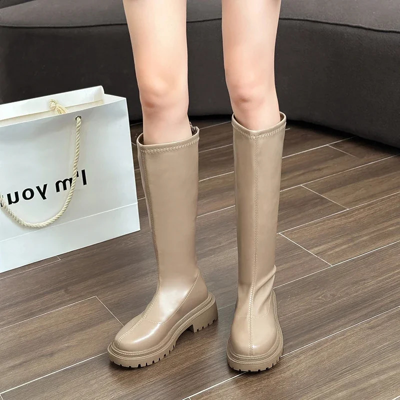 Autumn and Winter Warm Fur Womens Knee High Boots Fashionable and Elegant Strap Zipper Shoes Square Low Boots Womens Knight Long Boots 240823