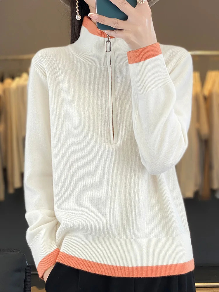 Fashion Women Zipper Mock-neck Pullover 100% Merino Wool Sweater Autumn Winter Casual Warm Color Knitwear Jumper Clothing 240824