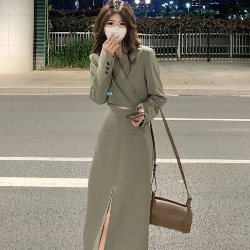 Two Pieces Fashion Suits For Women Long Sleeve V Neck Coat Splits High Waist Long Skirt Solid Color Streetwear Women Suits 240823