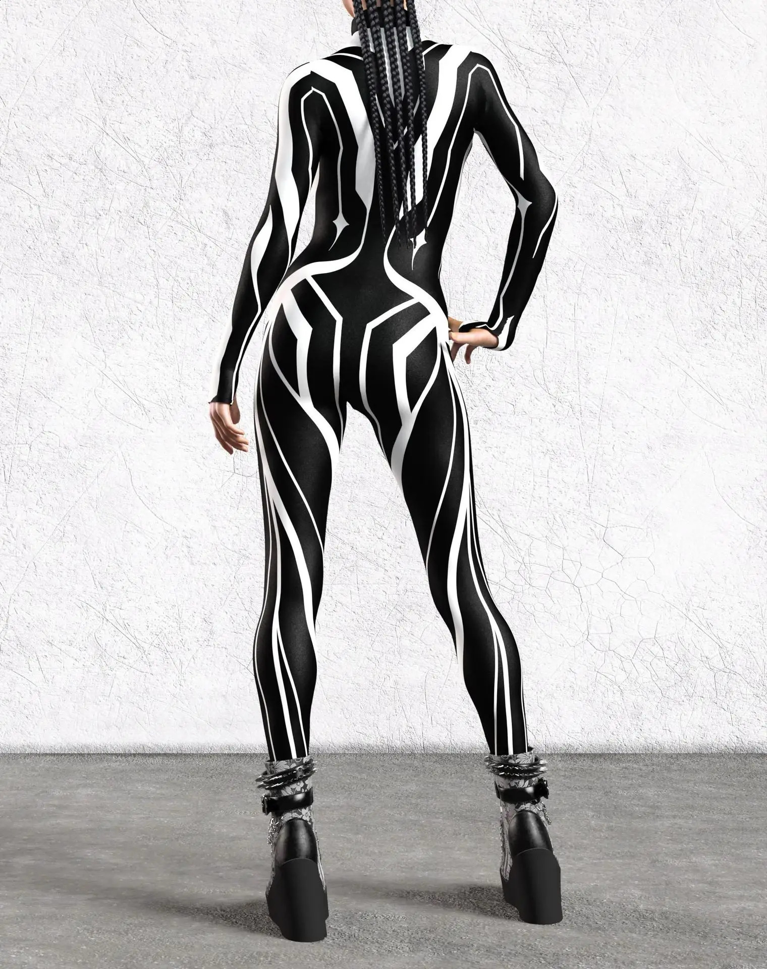 Online black and white art striped jumpsuit holiday party roleplaying costume Halloween display womens tight fitting suit performance Zentai set 24082