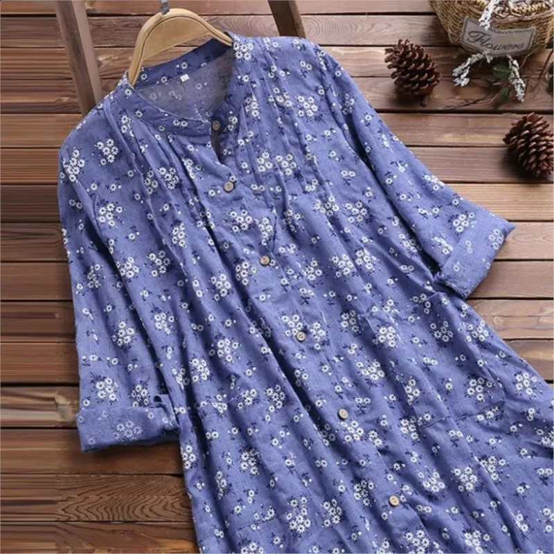 Elegant Long Shirt Cotton Linen Women Fashion Floral Print Loose Blouses And Tops Spring Autumn Full Sleeve Shirts Femme 240823