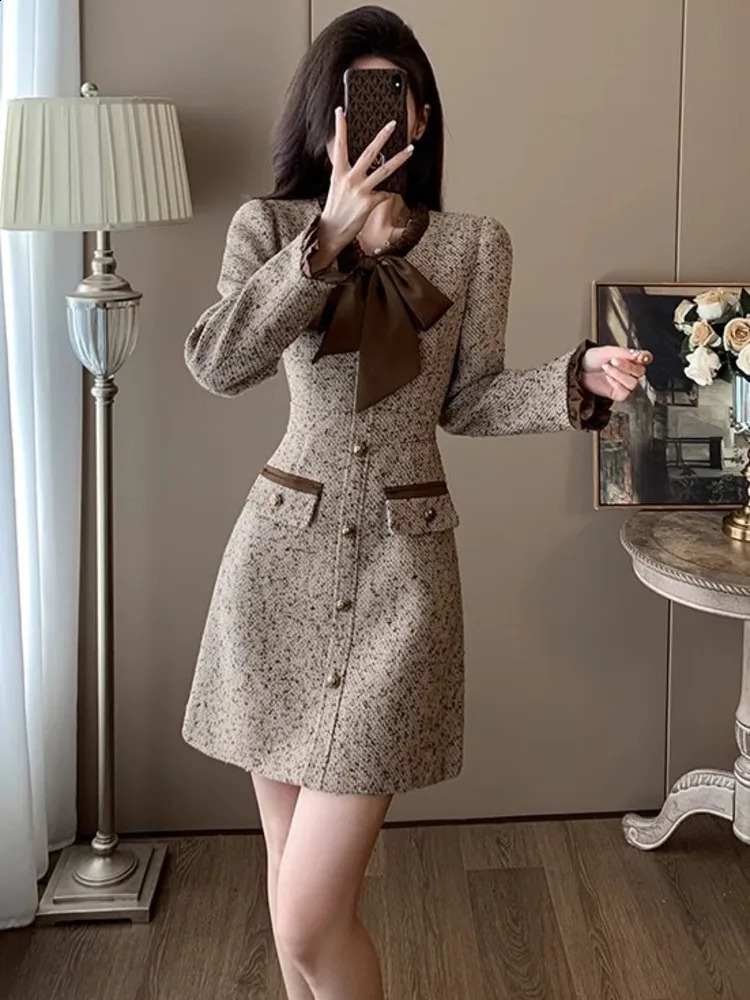Autumn Fashion Women Tweed Dress Long Sleeve short vestidos de fiestas elegante mujer robes evening dress elegante 240824