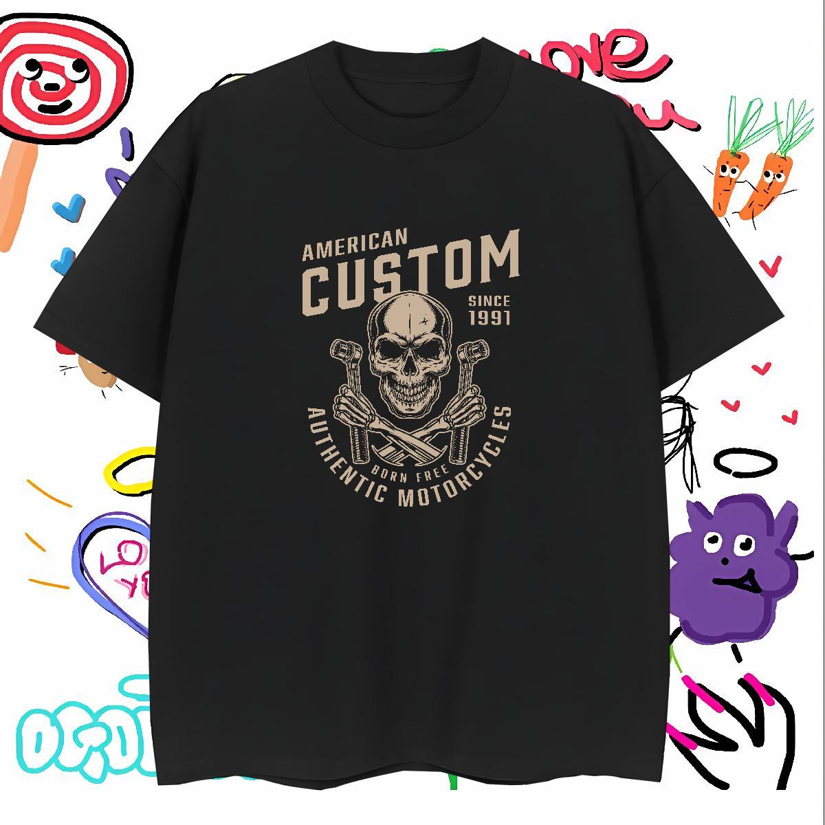Loose Man T Shirts 100% Cotton 230g skull Street Wear DIY Logo Oversized Round Neck Short Sleeve Men Tops Tees 2024 Summer Top Tees