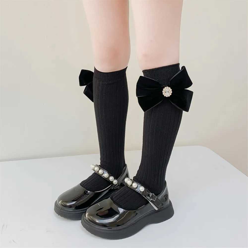 Girls socks pearl big bowknot sweet princess calf sock kids baby combed cotton sokken toddler infant knee high stocking CL240824