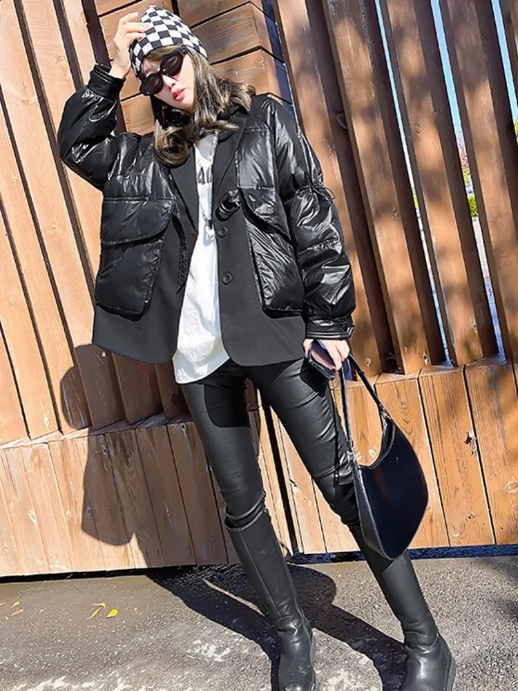 Womens ultrafine loose jacket black patchwork pocket casual thick warm Parka womens twopiece 240823