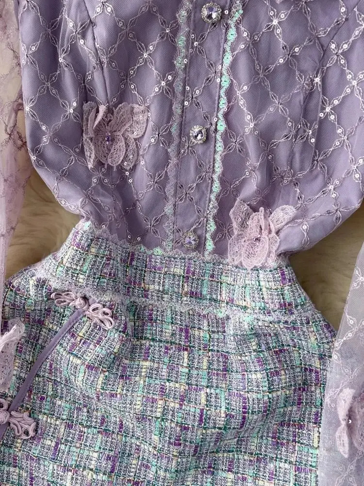 French Sweet Small Fragrance Lace Mesh Stitching Tweed Dress Women Elegant Long Sleeve Butterfly Embroidery Chic Short Vestidos 240824