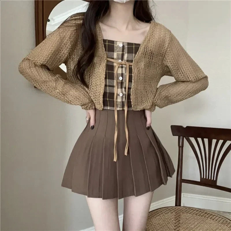 Salted Womens Summer Knitted Cardigan Tank Top Two-piece Set Plus Pleated Skirt Women Fashion Outfit Red Three-piece Set 240823