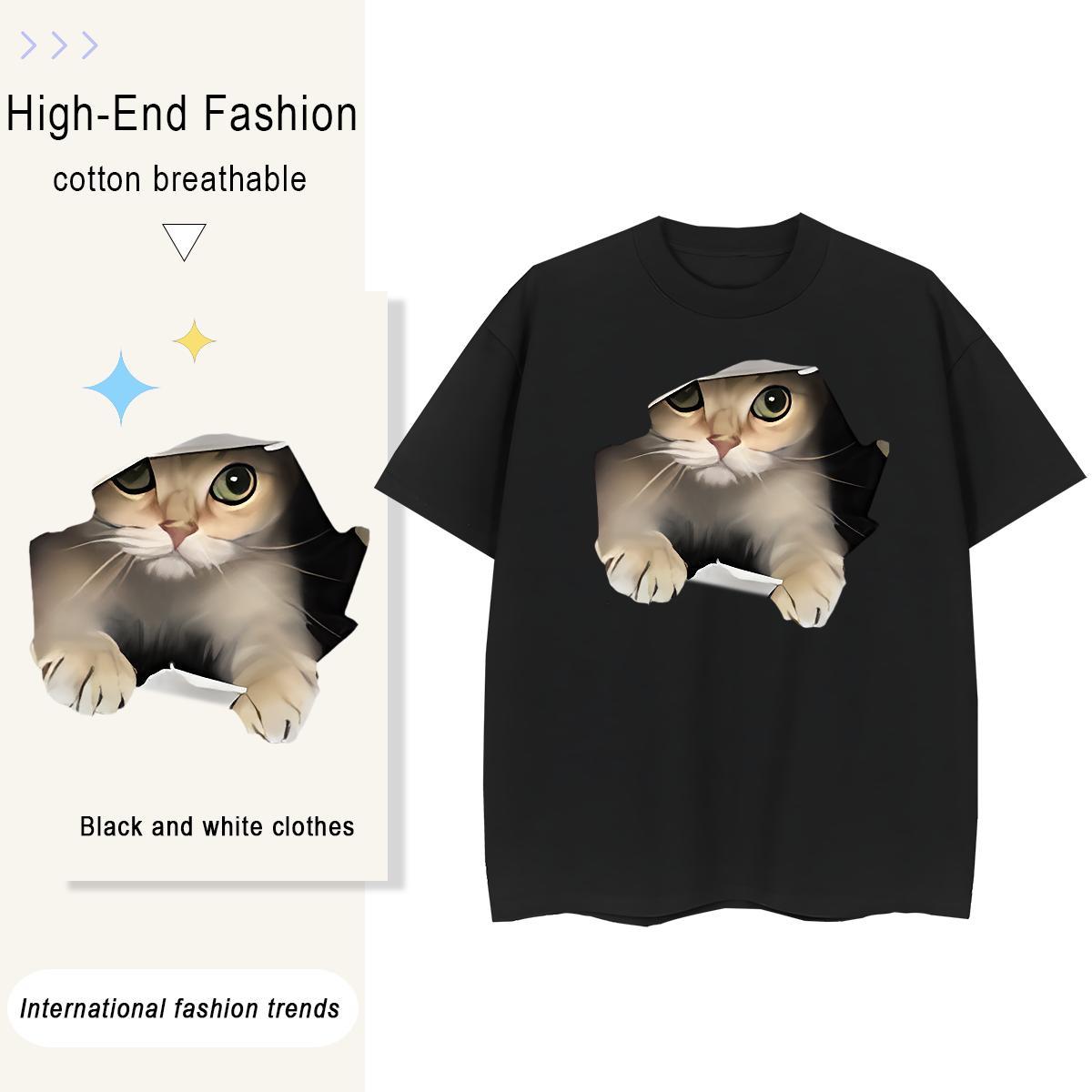 Free Shipping Men Tshirts cat Street Casual 230g Cotton Tees Shirts Breathable Short Sleeve Classic T-Shirts DIY Anime