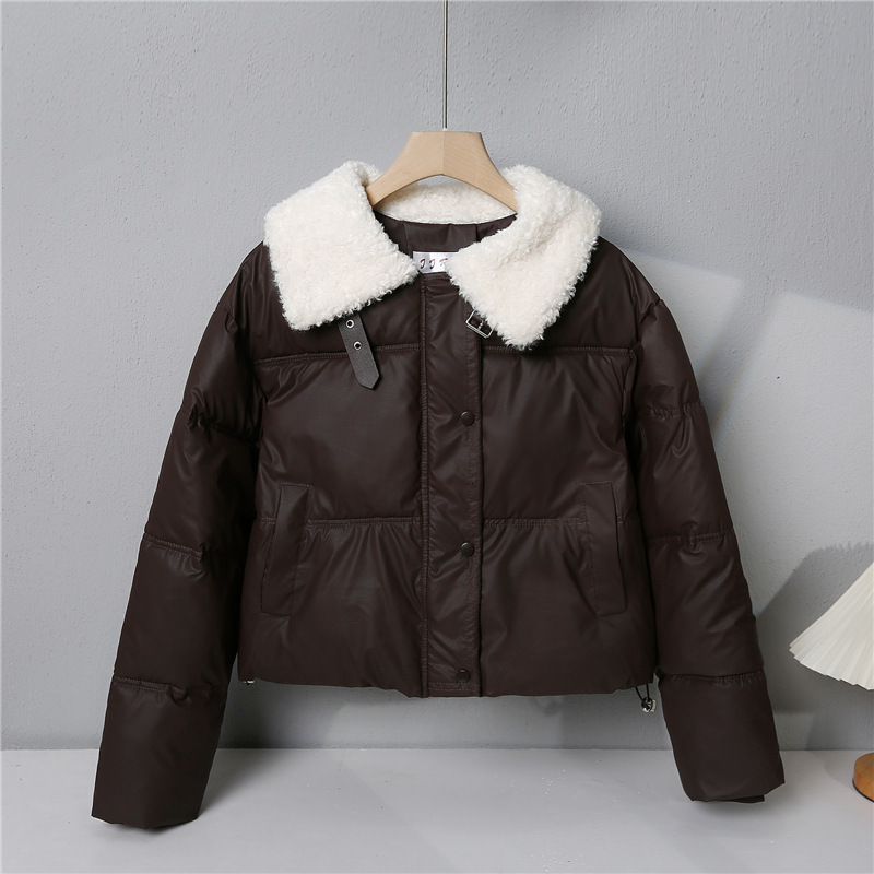 Lamb Wool Wash Free Pu Leather Down Cotton For Women Short Winter Thick Stand Up Bread Small Fur Collar Jacket B4