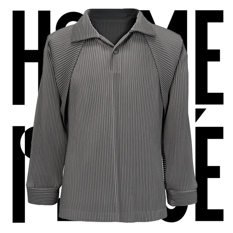 Japanese original pleated mens solid color loose casual lapel long sleeved polo shirt plus size clothing w240824