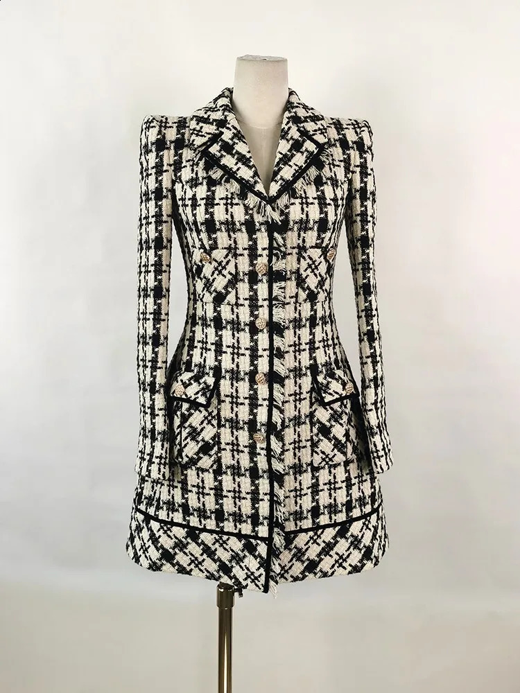 DEAT Womens Fashion Tweed Suit Dress Notched Collar Long Sleeve Single Breasted Plaid Elegant Coat Autumn 13DB1384 240824
