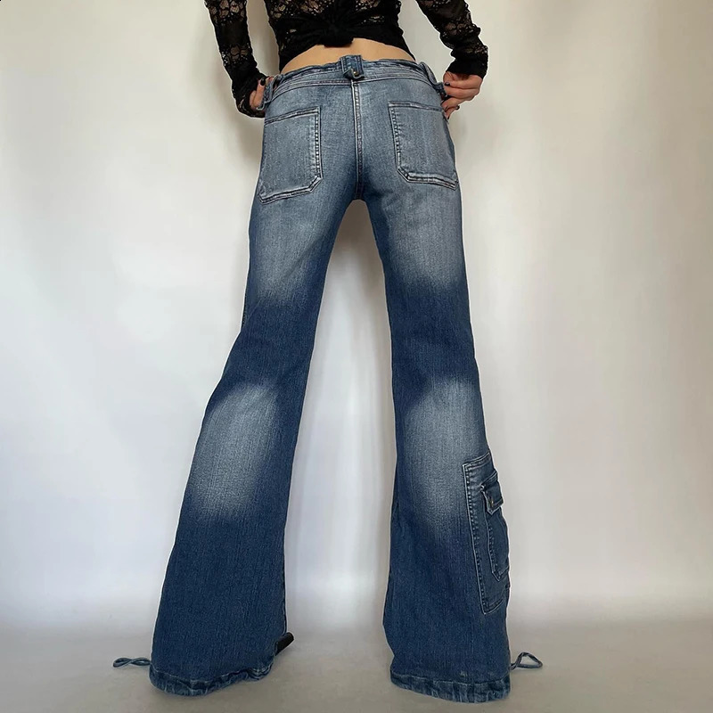 Cibbar y2k Distressed Jeans 90s streetwear pocket patch work low denim cargo pants retro 2000s mom jeans autumn clothing 240823