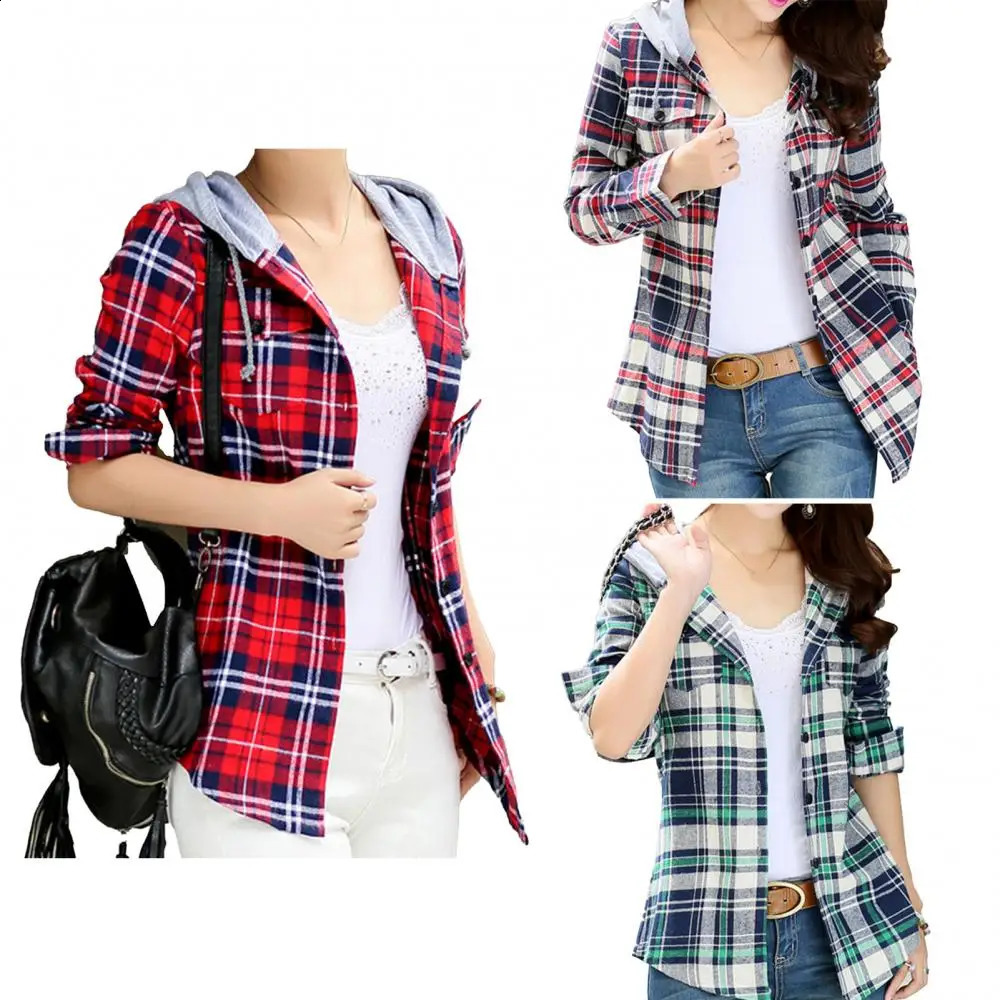 Women Shirt Fashion Loose Long Sleeve Cardigan Coat Classic Plaid Hood Button-up Cotton Shirt Coat Womens Clothing 240823