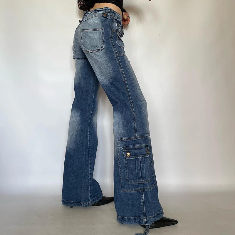 Cibbar y2k Distressed Jeans 90s streetwear pocket patch work low denim cargo pants retro 2000s mom jeans autumn clothing 240823