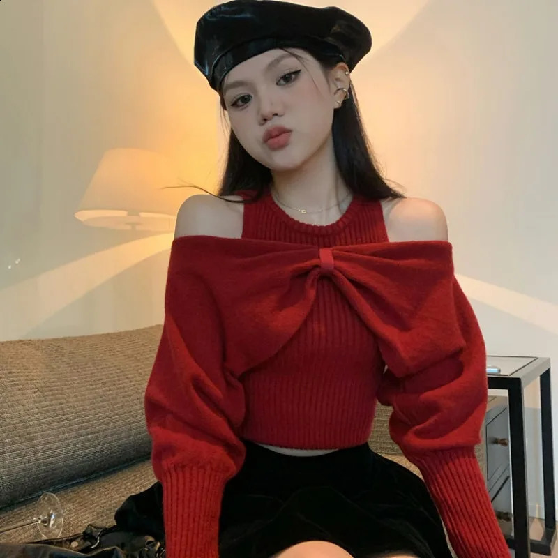Round Neck Off Shoulder Sweater Women Bow Solid Color Knitted Bat Long Sleeve Short Slim 240824