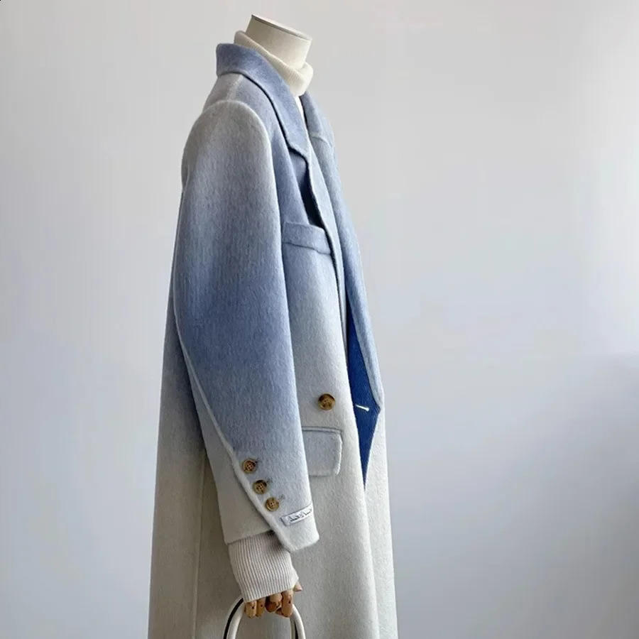 Elegant Blue Gradient White Overcoat Jacket For Women Highend Winter Woolen Goods Doublesided Zippered Clearance Sale 240823