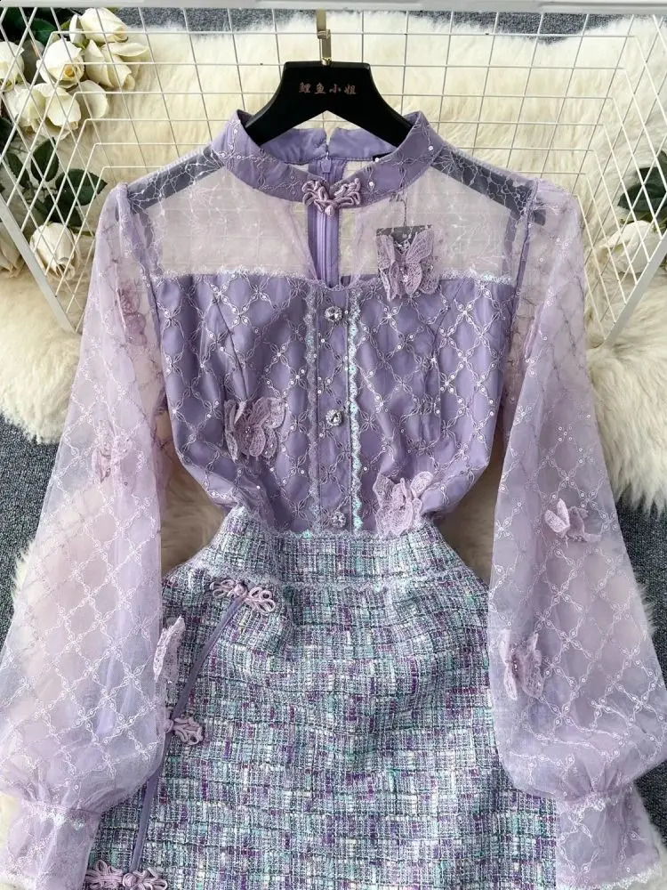 French Sweet Small Fragrance Lace Mesh Stitching Tweed Dress Women Elegant Long Sleeve Butterfly Embroidery Chic Short Vestidos 240824