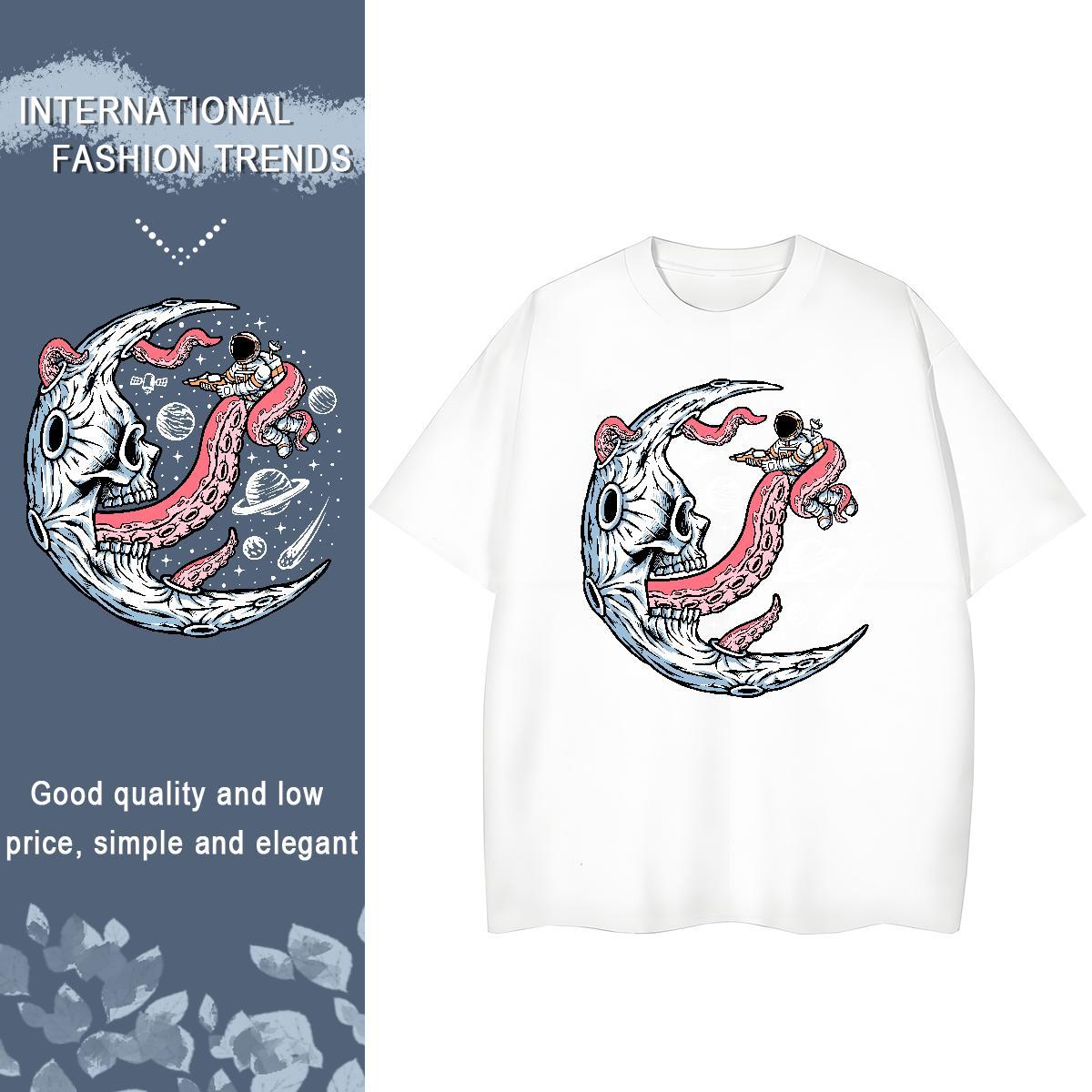 Loose fit Women Tees 230g Pure Cotton spaceman Sports Street Wear Woman T Shirts Breathable Soft DIY Anime Printed Polos