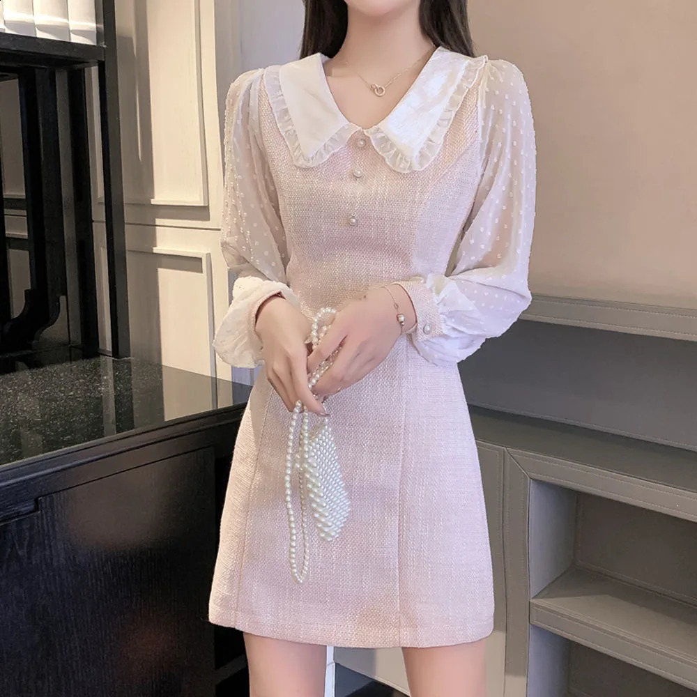 Fashion Sweet Pink Dress Womens Long Sleeve Tweed Mesh Long Sleeve Dresses Autumn Winter Polka Dot Pearl Office Work Vesitdos 240824