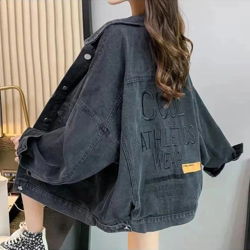 MEXZT Denim Jackets Women Streetwear Oversized Jeans Coat Bf Korean Vintage Letter Embroidery Loose Casual All Match Outwear 240824