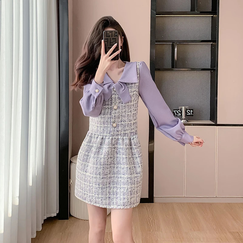 Purple Tweed Dress Women Small Fragrance Patchwork Long Sleeve High End A-line Mini Dresses Elegant Vestidos French Style 240824