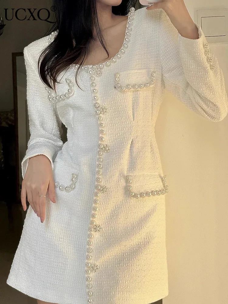 UCXQ Fashion Womens Dress sweet Single Breasted Beaded Tweed Long Sleeve Square Neck Elegant Dresses Spring Autumn 9890 240824