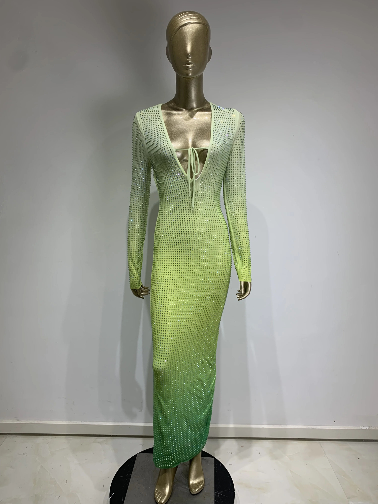Women Sexy Mesh Rhinestone Crystal Diamonds Stretched Gradient Cut Out Ankle Length Long Party Dress Vestido 240823